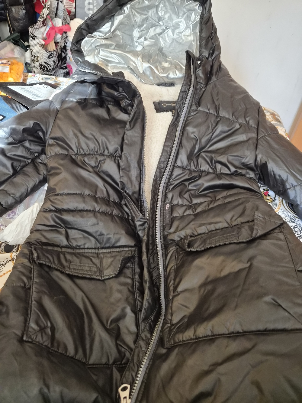 Jessica Simpson Black Hooded Puffer Coat with Sherpa Lining